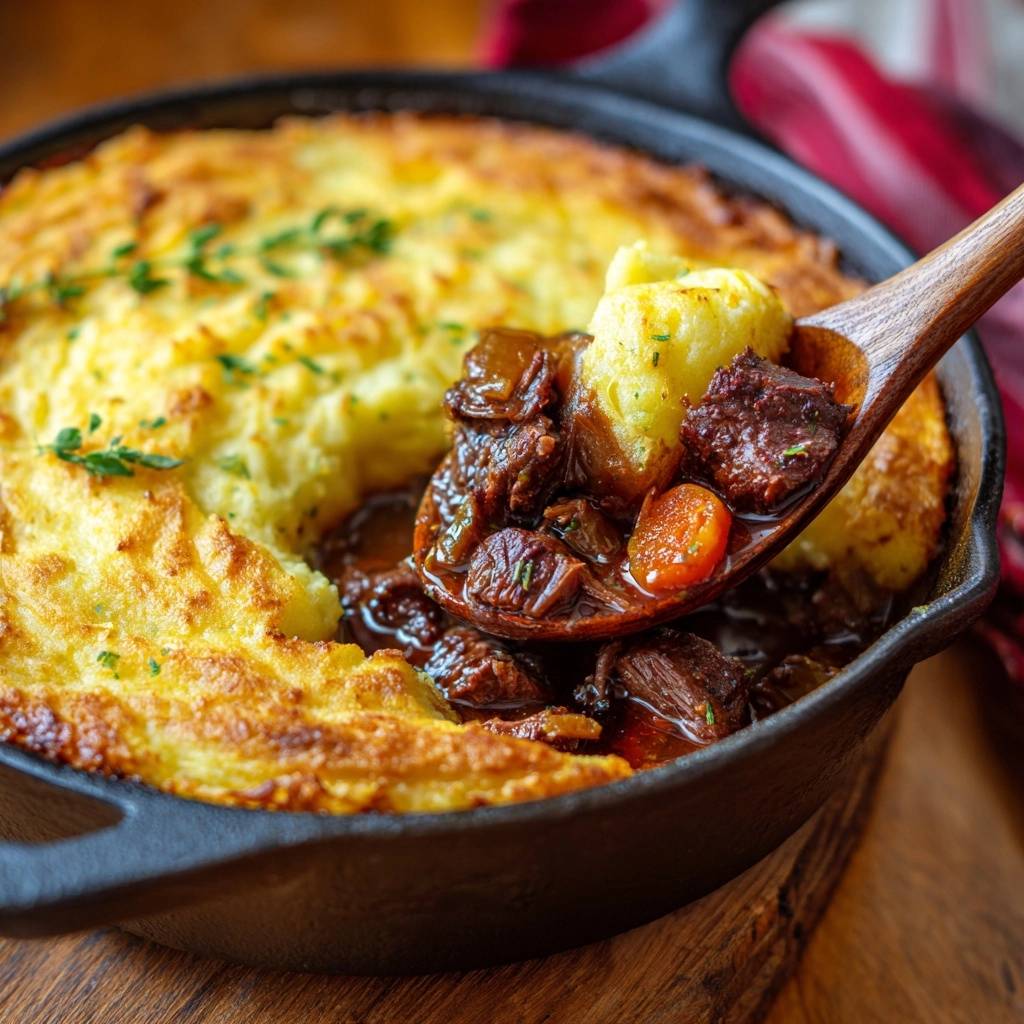 Herzhafter Rinder-Auflauf mit Kartoffelhaube, herausgenommen mit einem Holzlöffel, zeigt Fleisch und Karotten in Sauce