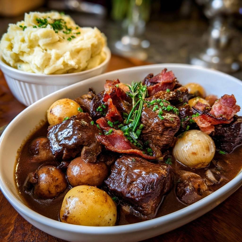 Herzhaftes Rindergulasch mit Speck und Perlzwiebeln, eine Nahaufnahme des reichhaltigen Eintopfs mit zerkochten Kartoffeln und Kräutern garniert.