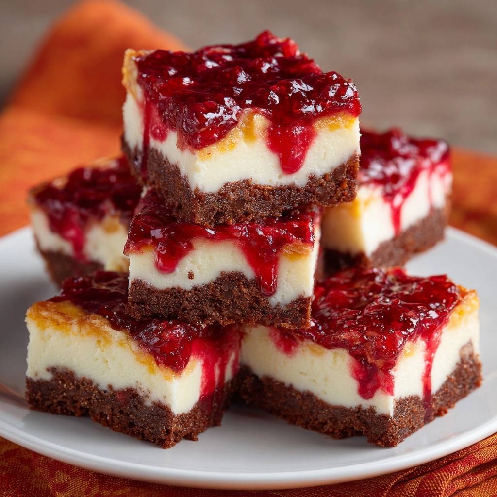 Himbeer-Cheesecake-Bars: Rezept ohne Risse, angeschnitten und gestapelt auf einem Teller mit Himbeersauce, die herunterläuft