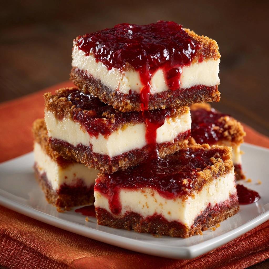 Himbeer-Cheesecake-Bars: Gestapelte Riegel mit cremiger Käsekuchenfüllung und Himbeerglasur, serviert auf einem Teller.