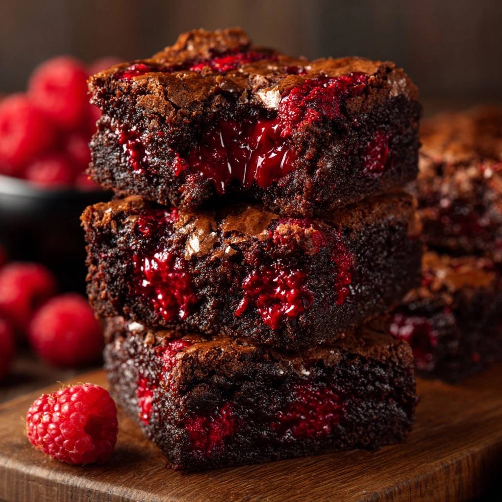 Himbeer-Schoko-Brownies gestapelt auf einem Holzbrett mit einer einzelnen Himbeere daneben, die den saftigen Kern zeigen.