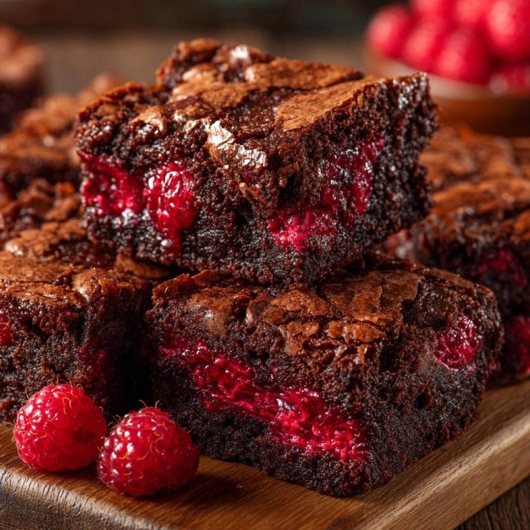 Himbeer-Schoko-Brownies im Querschnitt mit saftigen Himbeeren, die aus dem Schokoladenteig hervorquellen.