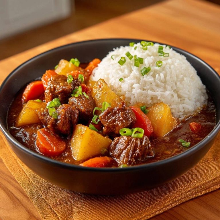 Japanisches Rindfleisch-Curry mit Reis, zart und garniert mit Frühlingszwiebeln, in einer schwarzen Schüssel serviert.