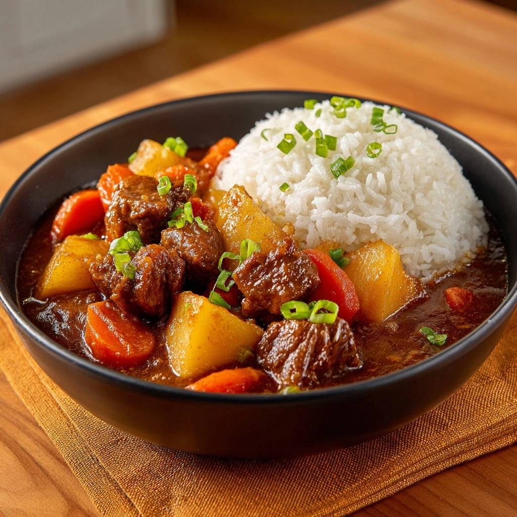 Japanisches Rindfleisch-Curry mit Reis, zart und garniert mit Frühlingszwiebeln, in einer schwarzen Schüssel serviert.