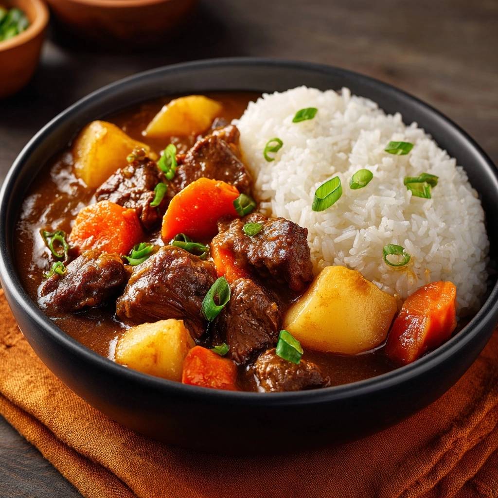 Japanisches Rindfleisch-Curry mit Reis, Kartoffeln und Karotten in einer Nahaufnahme, garniert mit Frühlingszwiebeln.