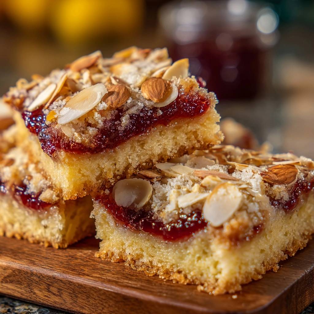 Johannisbeer-Mandel-Streuselkuchen im Nahaufnahme-Querschnitt, der die Schichten aus Kuchen, Marmelade und Streuseln zeigt.