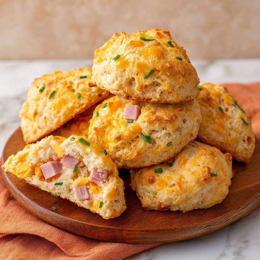 Fluffige Käse-Schinken-Schnittlauch-Scones Rezept angeschnitten, mit sichtbaren Schinkenwürfeln und Käse im Inneren.