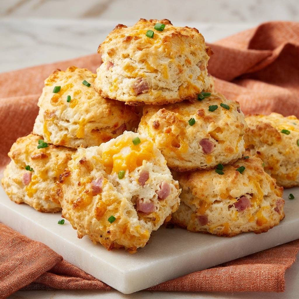 Fluffige Käse-Schinken-Schnittlauch-Scones Rezept, nahaufnahme mit Schnittlauch garniert und geschmolzenem Käse