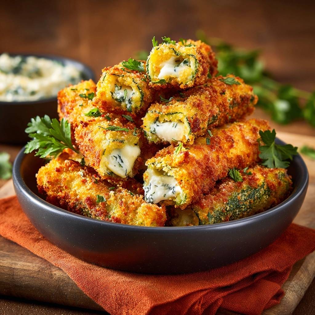 Knusprige Käse-Zucchini-Sticks angeschnitten, die den geschmolzenen Käse und die Kräuter im Inneren zeigen, garniert mit Petersilie.