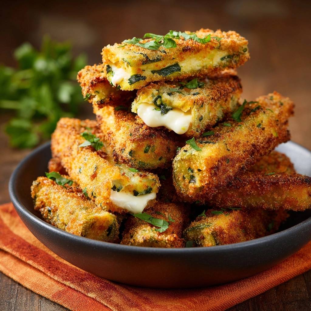 Knusprige Käse-Zucchini-Sticks Rezept, gezeigt im Anschnitt mit geschmolzenem Käse und Kräutern im Inneren.