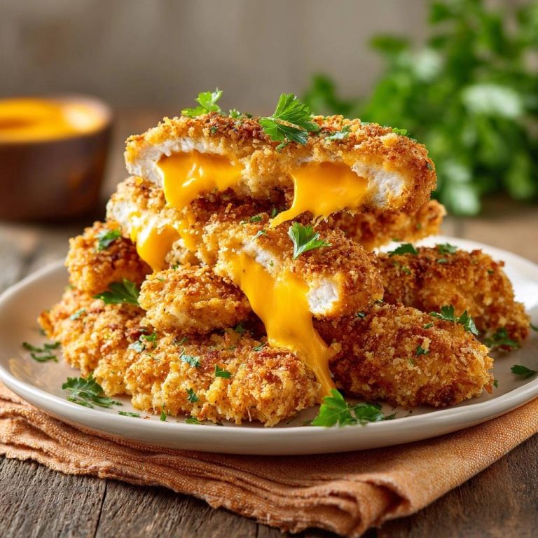 Knusprige Käsegefüllte Hähnchen-Nuggets angeschnitten, mit geschmolzenem Käse im Inneren, garniert mit Petersilie.