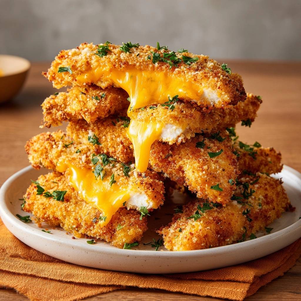 Knusprige Käsegefüllte Hähnchen-Nuggets mit geschmolzenem Käse im Inneren, nahaufnahme