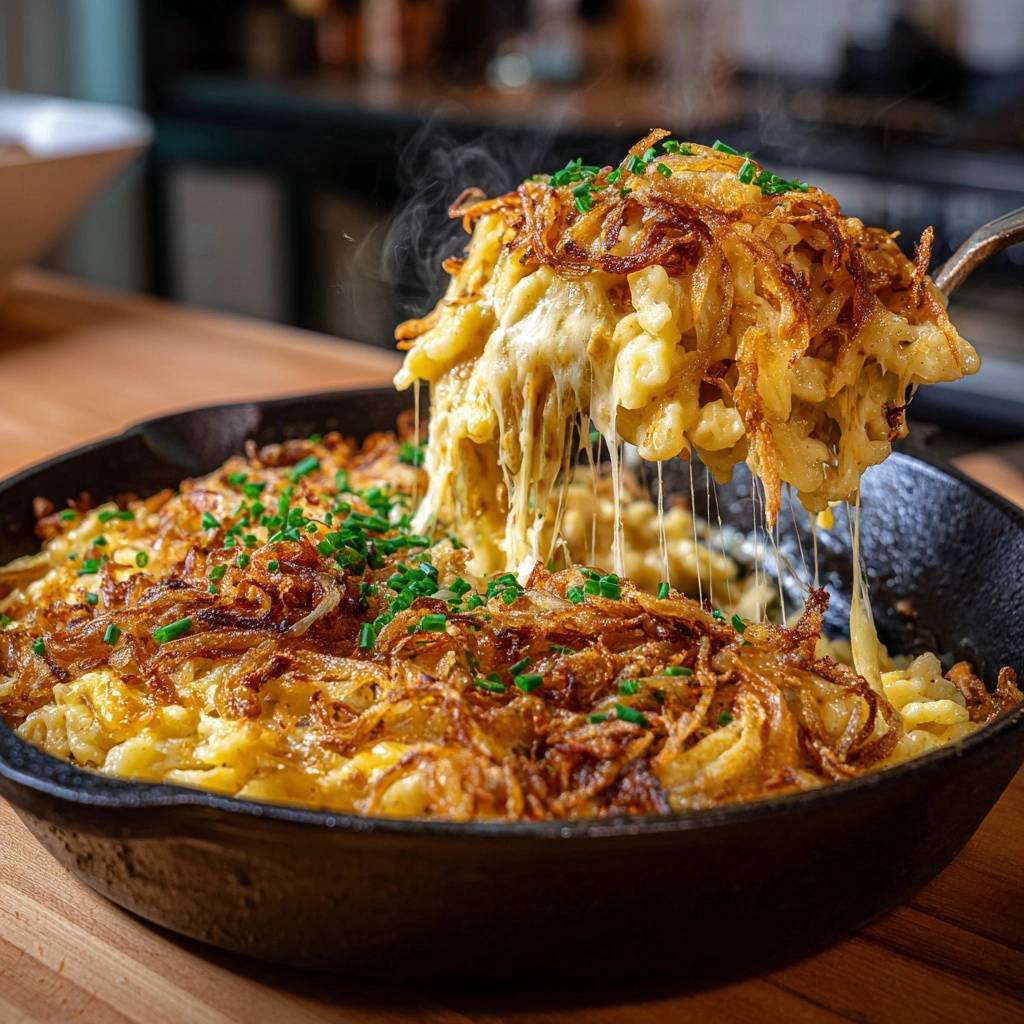 Cremiges Käsespätzle mit knusprigen Zwiebeln, eine heiße Portion wird aus der Pfanne gezogen und zeigt geschmolzenen Käse.
