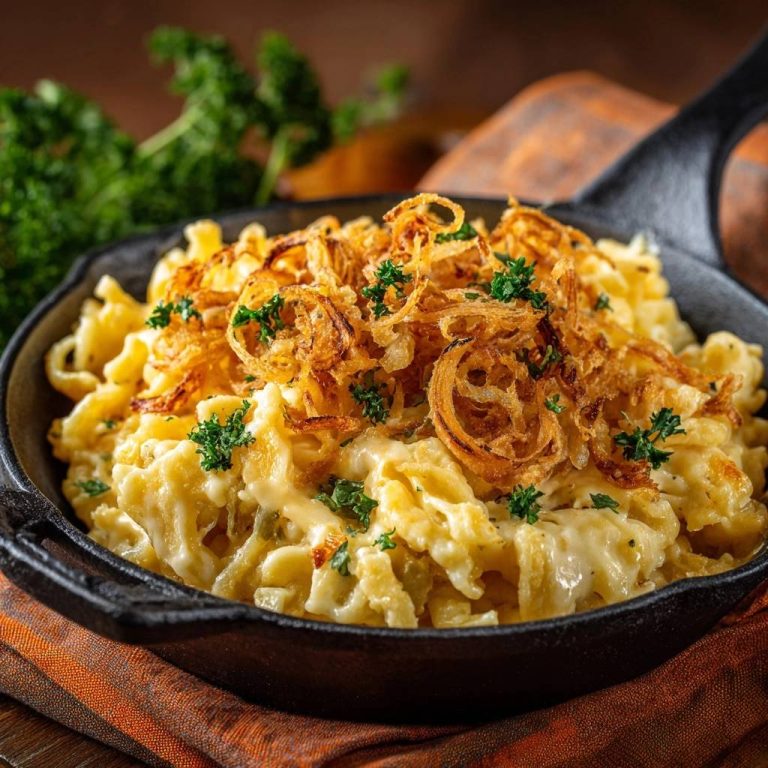 Käsespätzle mit knusprigen Zwiebeln, serviert in einer Gusseisenpfanne mit Petersilie und gerösteten Zwiebeln als Topping.