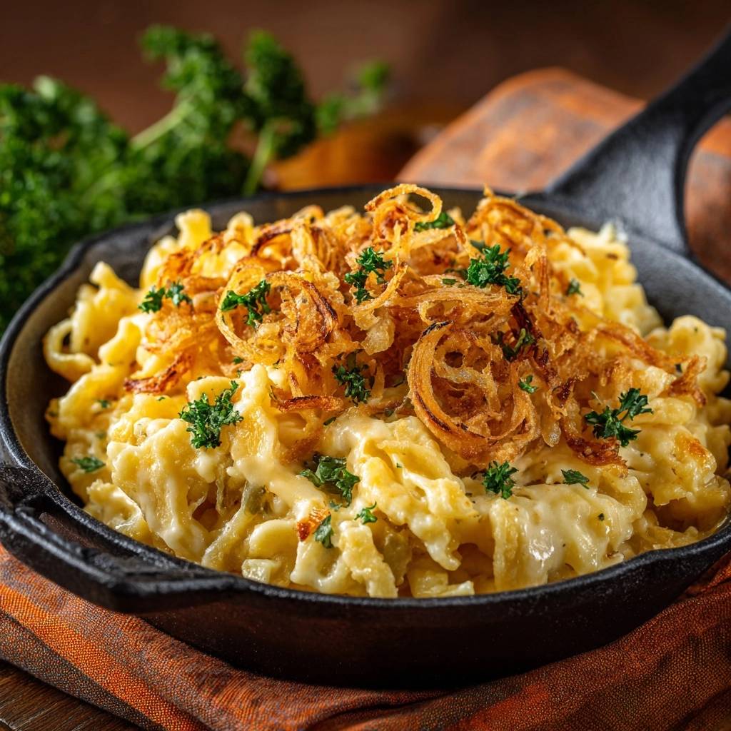 Käsespätzle mit knusprigen Zwiebeln, serviert in einer Gusseisenpfanne mit Petersilie und gerösteten Zwiebeln als Topping.