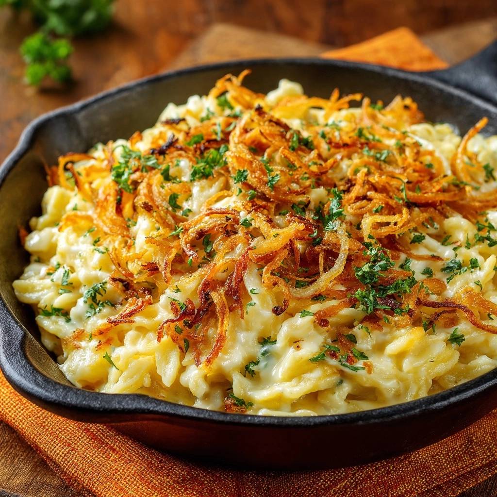 Käsespätzle mit knusprigen Zwiebeln als Nahaufnahme in einer gusseisernen Pfanne mit frischer Petersilie garniert.