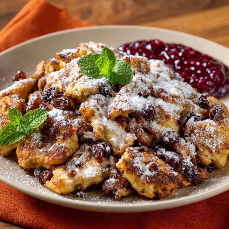 Klassischer Kaiserschmarrn mit Rosinen, garniert mit Minze und Puderzucker, serviert mit roter Grütze.