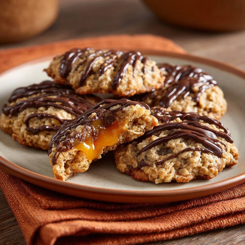 Karamell-gefüllte Hafercookies mit Schoko-Drizzle, angeschnitten mit flüssigem Karamell im Inneren