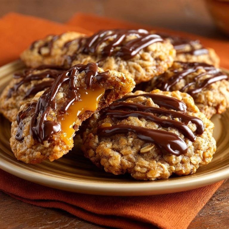 Karamellgefüllte Hafercookies mit Schoko-Drizzle, angeschnitten mit flüssiger Karamellfüllung