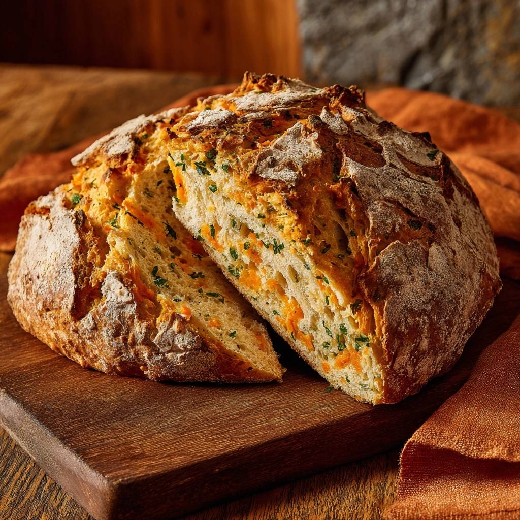 Rustikales Karotten-Petersilien-Soda-Brot angeschnitten, das einen Blick auf die saftige Krume mit Karottenstückchen und Petersilie freigibt.