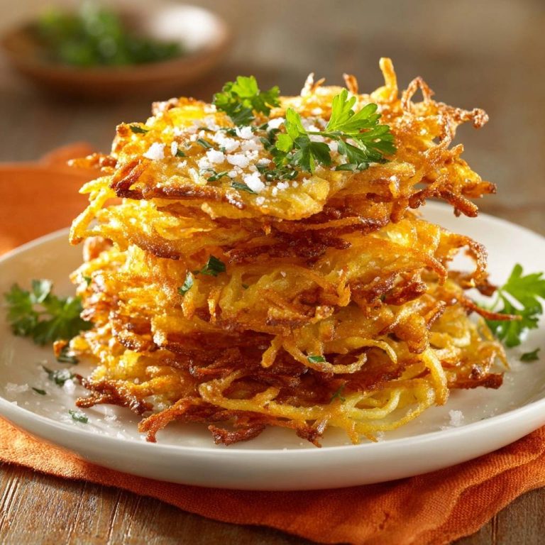 Knusprige Kartoffelpuffer als Stapel auf einem Teller mit frischen Kräutern und Käse garniert.