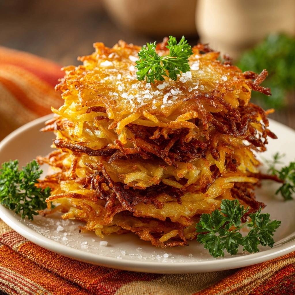 Knusprige Kartoffelpuffer als Turm auf einem Teller mit frischen Kräutern und Salz bestreut serviert.