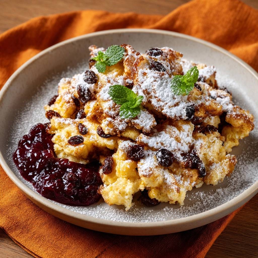 Klassischer Kaiserschmarrn mit Rosinen, bestäubt mit Puderzucker und garniert mit Minze, auf einem Teller serviert.
