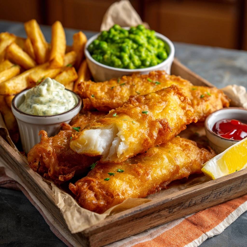 Klassisches Fish and Chips mit knuspriger Panade und saftigem Fisch innen, serviert mit Pommes und Erbsen.