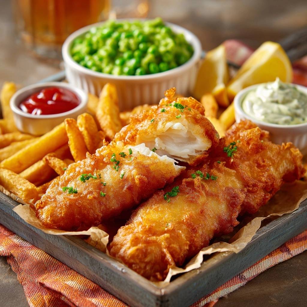 Klassisches Fish and Chips angeschnitten, das zeigt den knusprigen Teig und das weiße Fischfilet innen.