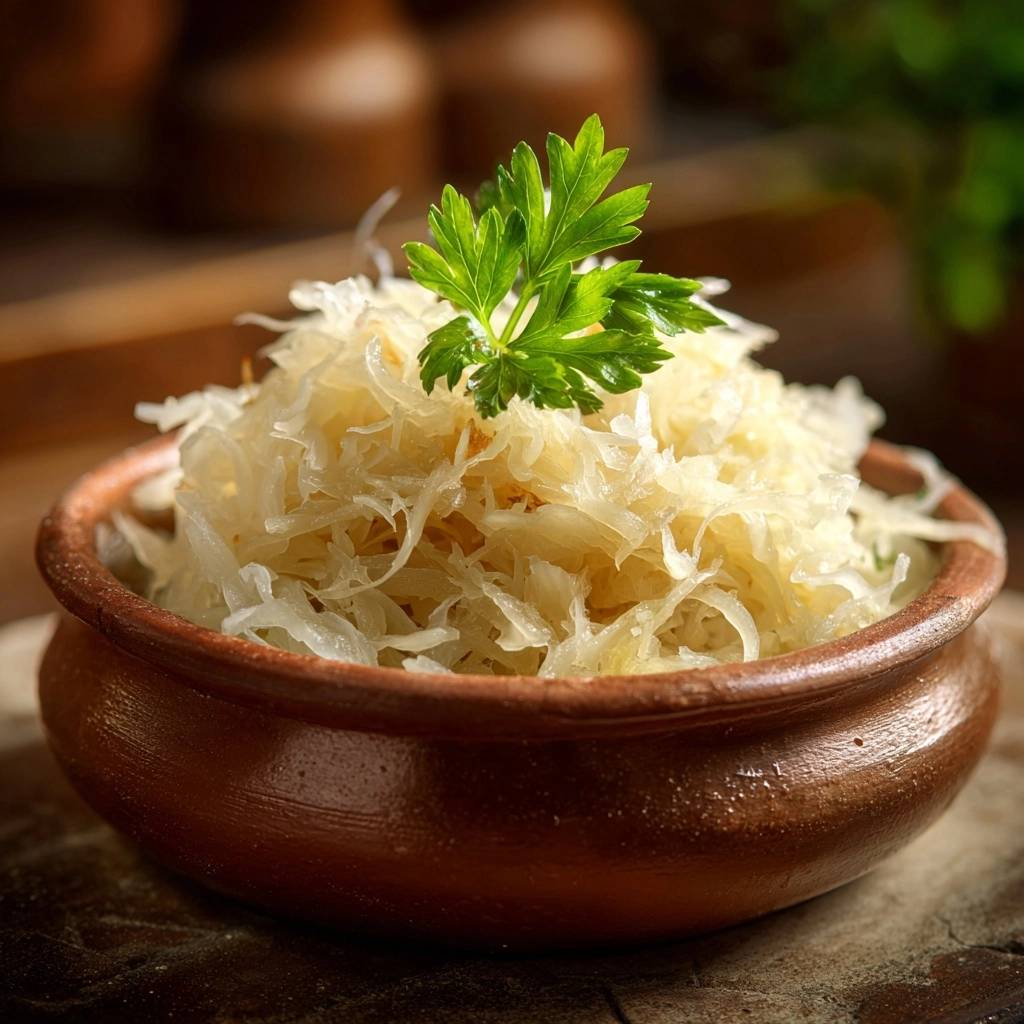 Hausgemachtes Knack-Sauerkraut garniert mit frischen Kräutern in einer rustikalen Schüssel auf einem Holztisch