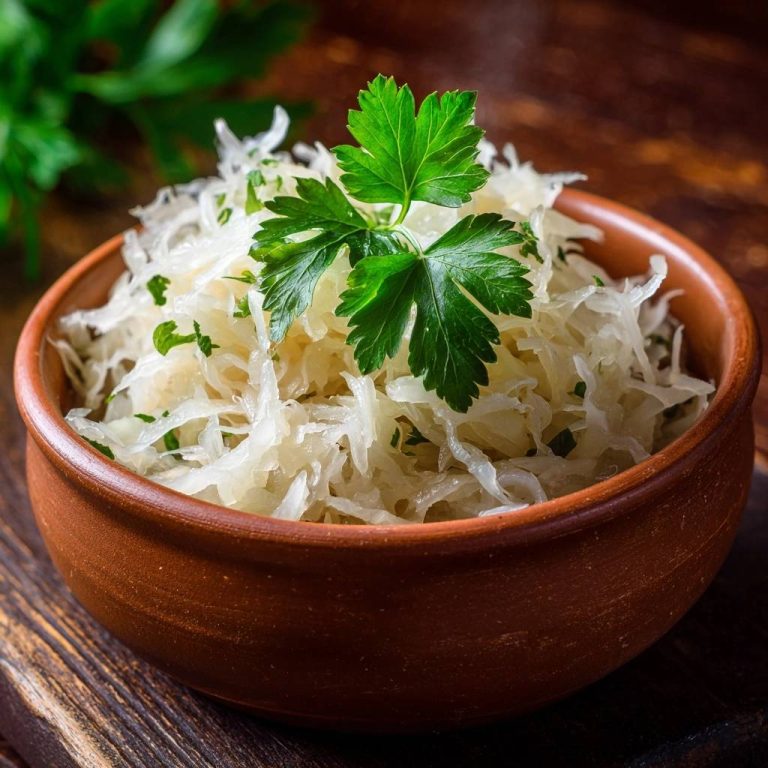 Hausgemachtes Knack-Sauerkraut garniert mit frischen Kräutern in einer Terrakotta-Schüssel, nahaufnahme der Textur