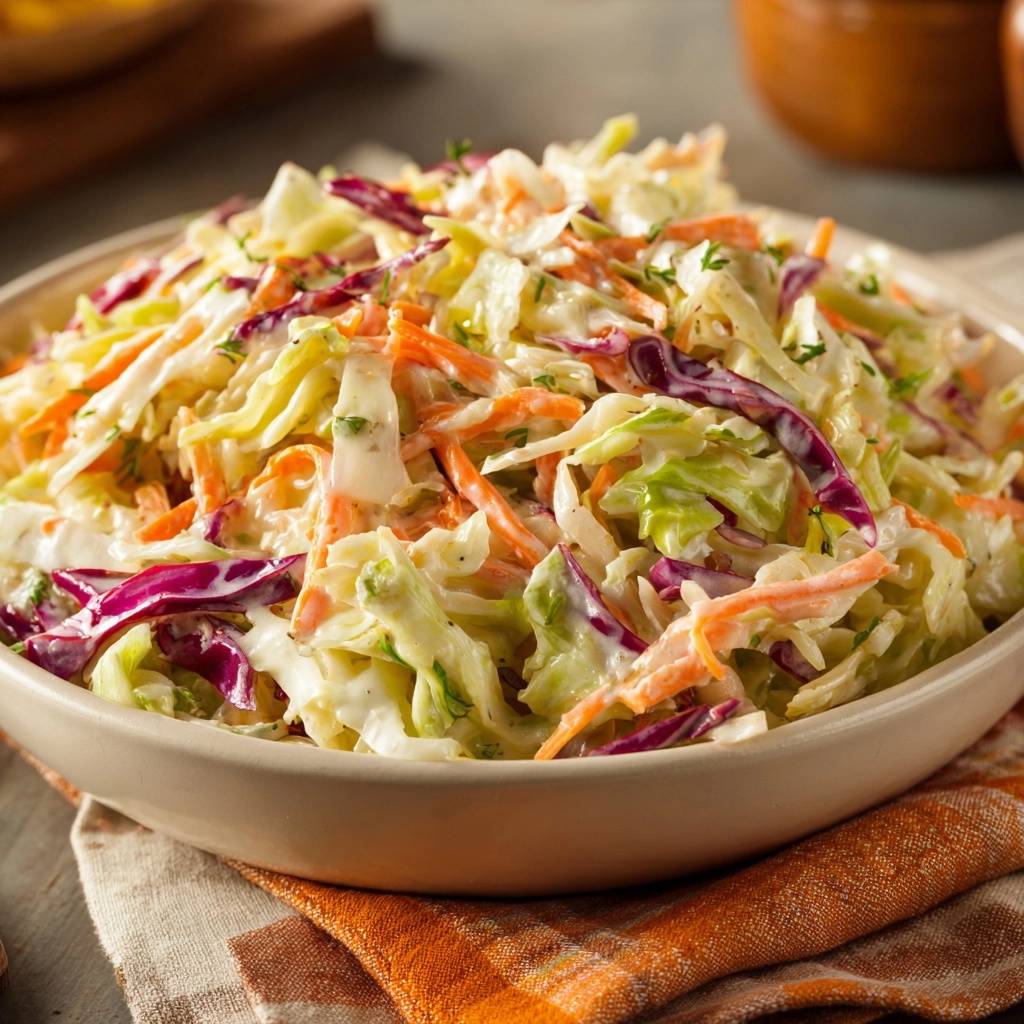 Knackiger Coleslaw mit Cranberries in einer Schüssel, nah aufgenommen, zeigt die frischen Zutaten und cremige Sauce.