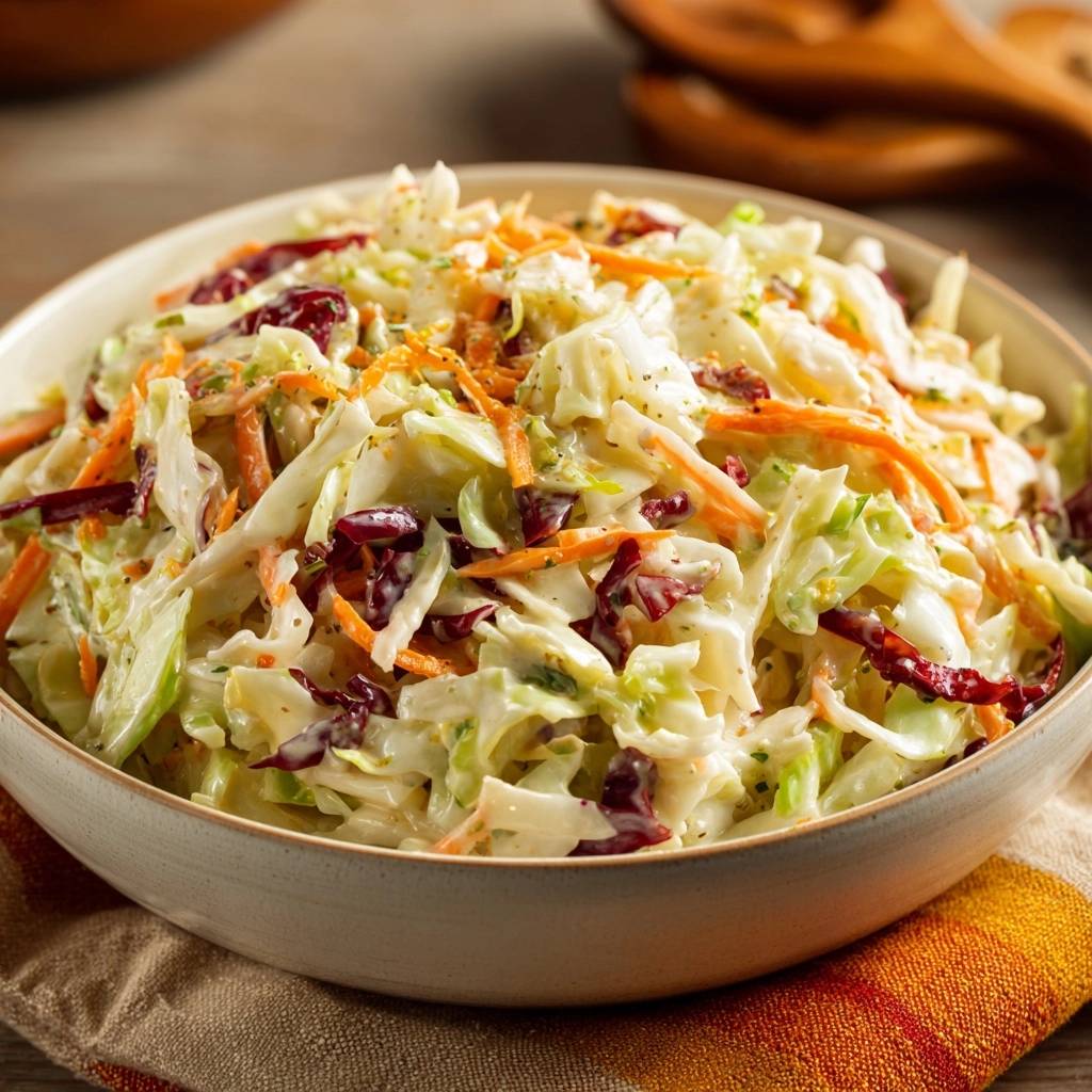 Knackiger Coleslaw mit Cranberries als Nahaufnahme in einer Schüssel, mit cremiger Sauce und geriebenen Karotten.