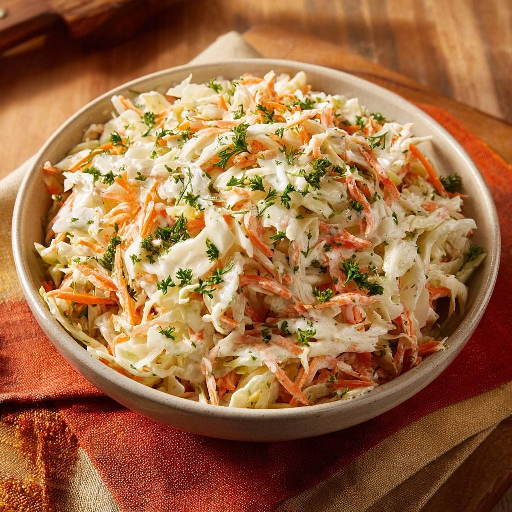 Knackiger cremiger Coleslaw mit frischer Petersilie garniert in einer Schüssel serviert