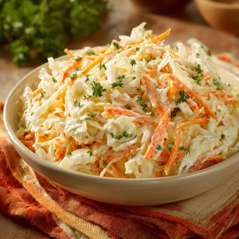 Knackiger cremiger Coleslaw als Nahaufnahme in einer Schüssel, garniert mit Petersilie.