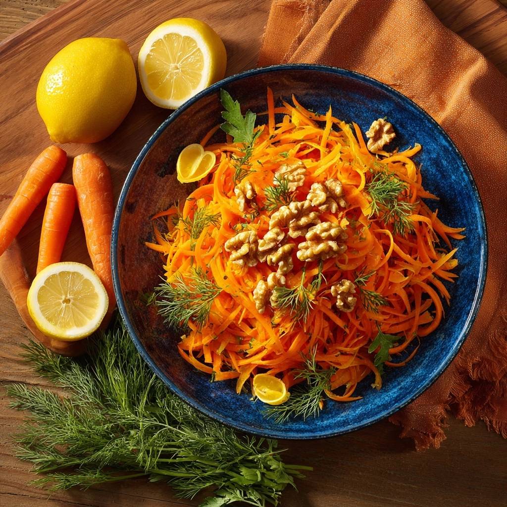 Knackiger Karottensalat mit Dill & Walnüssen, serviert in einer blauen Schüssel, mit frischen Karotten und Zitronenspalten daneben.