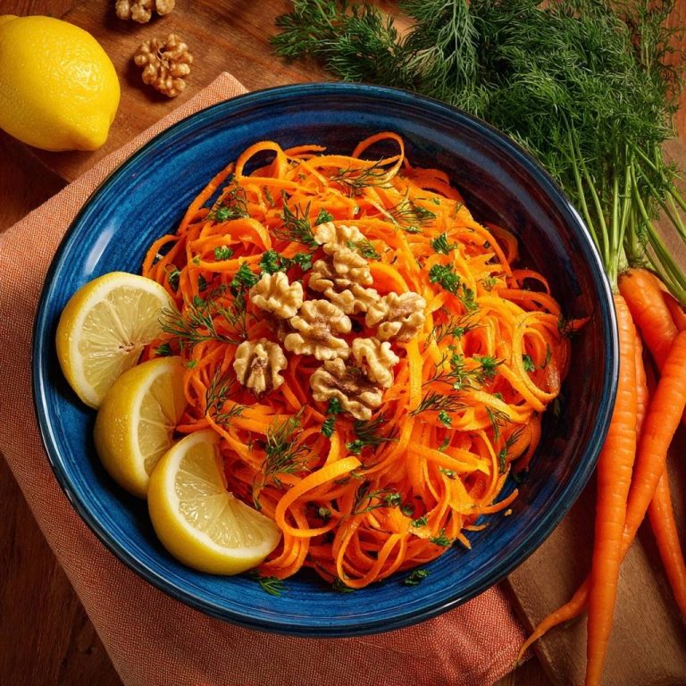 Knackiger Karottensalat mit Dill & Walnüssen, serviert in einer blauen Schüssel mit Zitronenspalten und Dill.