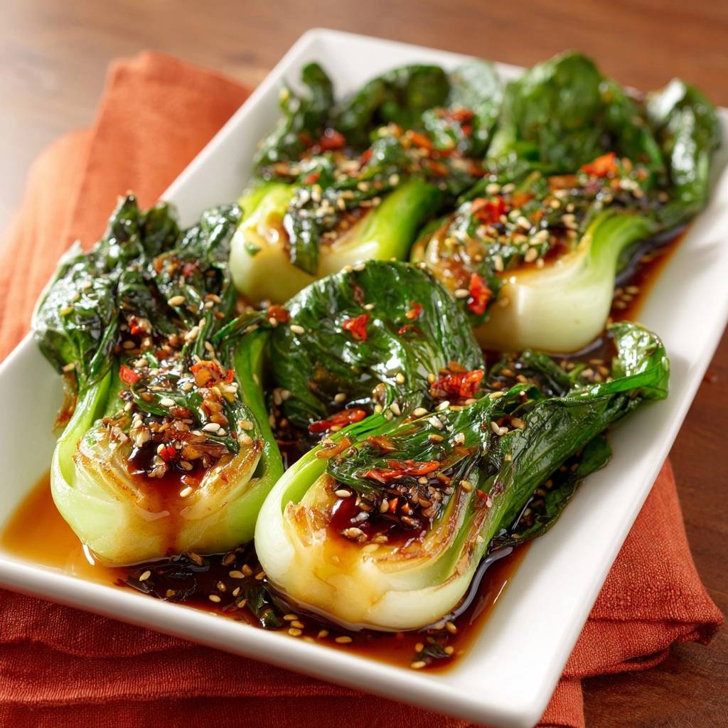 Knackiger Pak Choi mit Chili-Sesam-Soße, serviert auf einer weißen Platte mit einer glänzenden Soße und Sesamkörnern.