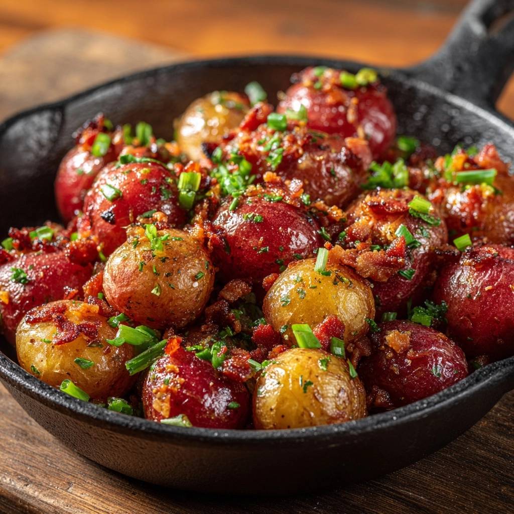 Knusprige Babykartoffeln mit Speck und Schnittlauch, garniert mit frischen Kräutern in einer Gusseisenpfanne.