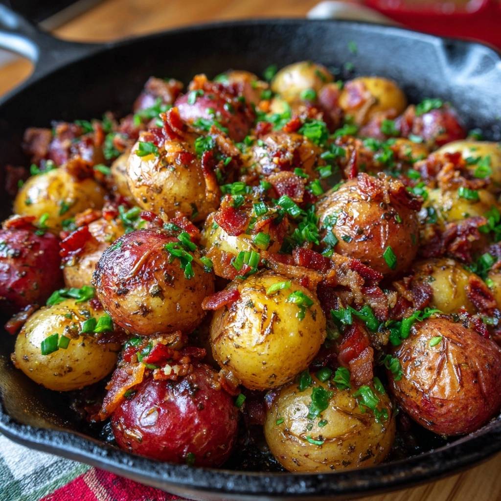 Knusprige Babykartoffeln mit Speck und Schnittlauch in einer Pfanne, Nahaufnahme mit Fokus auf die Textur