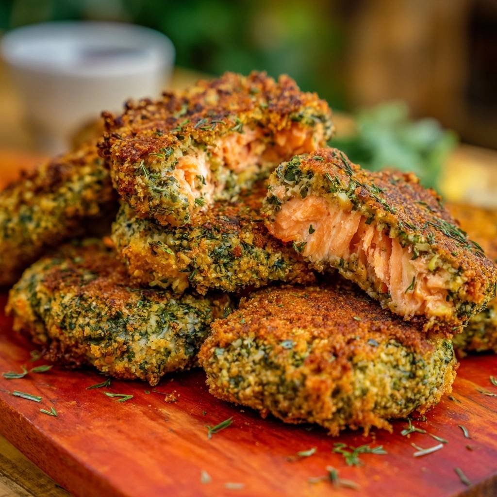 Knusprige Dill-Lachsfrikadellen-Querschnitt, der das saftige Innere und die goldbraune Kruste zeigt.