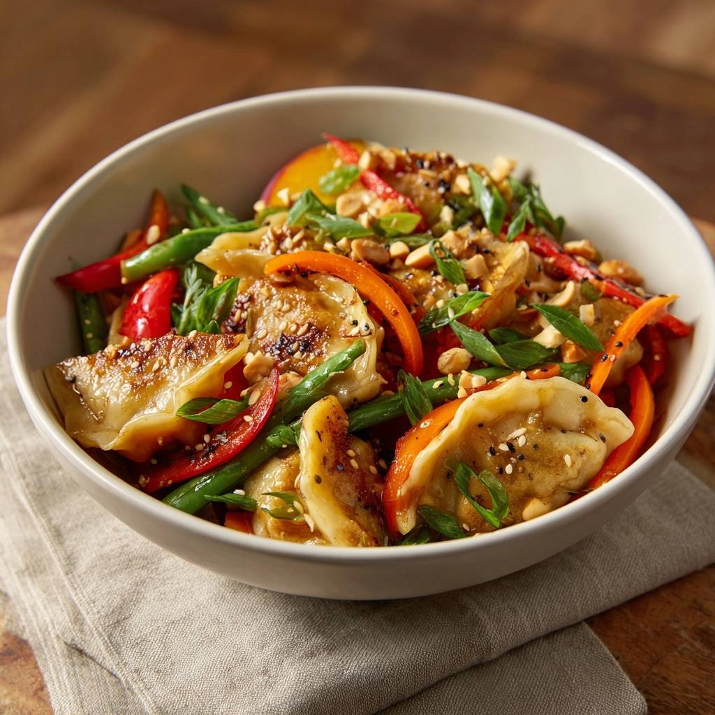 Knusprige Dumpling-Pfanne mit Pfirsich und Paprika, Nahaufnahme des garnierten Gerichts mit Erdnüssen und Frühlingszwiebeln.
