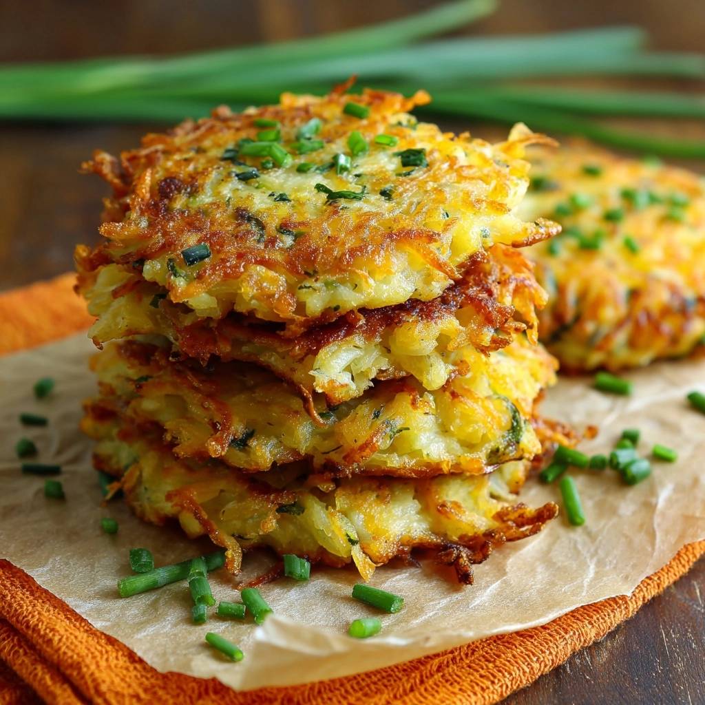 Knusprige Kartoffelpuffer mit Schnittlauch als Stapel nah aufgenommen, mit frischem Schnittlauch garniert.