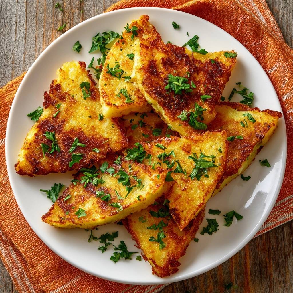 Knusprige Kartoffelrösti, auf einem Teller serviert und mit frischer Petersilie garniert, zeigen sich von ihrer appetitlichen Seite.