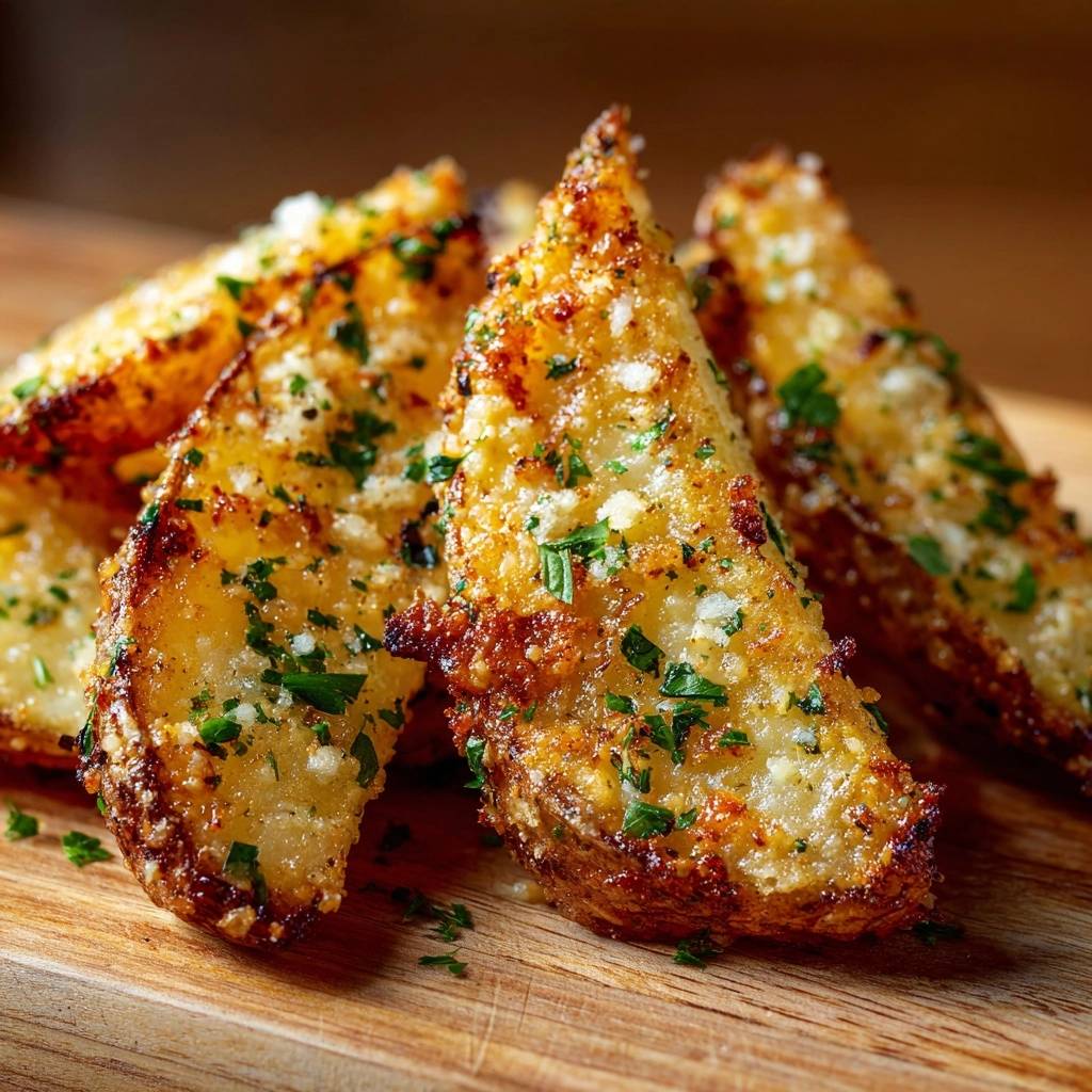 Knusprige Knoblauch-Parmesan-Kartoffelspalten, im Detailaufnahme mit gehackter Petersilie und geriebenem Parmesan bestreut.