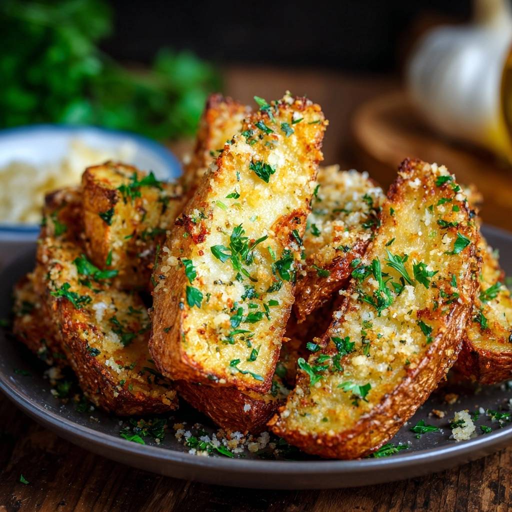 Knusprige Knoblauch-Parmesan-Kartoffelspalten, detailreiche Nahaufnahme der goldbraunen, mit Kräutern und Käse bestreuten Oberfläche.