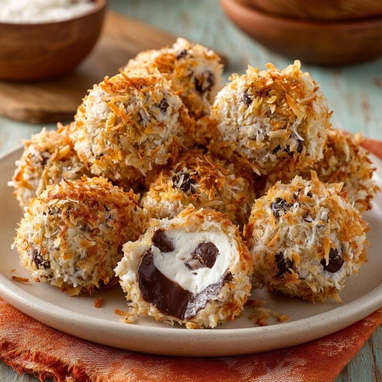Knusprige Kokos-Schoko-Bällchen mit angeschnittener Kugel, die cremige Füllung und dunkle Schokostückchen zeigt.