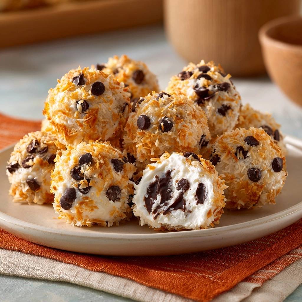 Knusprige Kokos-Schoko-Bällchen im Anschnitt, das cremige Innere mit Schokoladenstückchen und die Kokoskruste sind gut sichtbar.