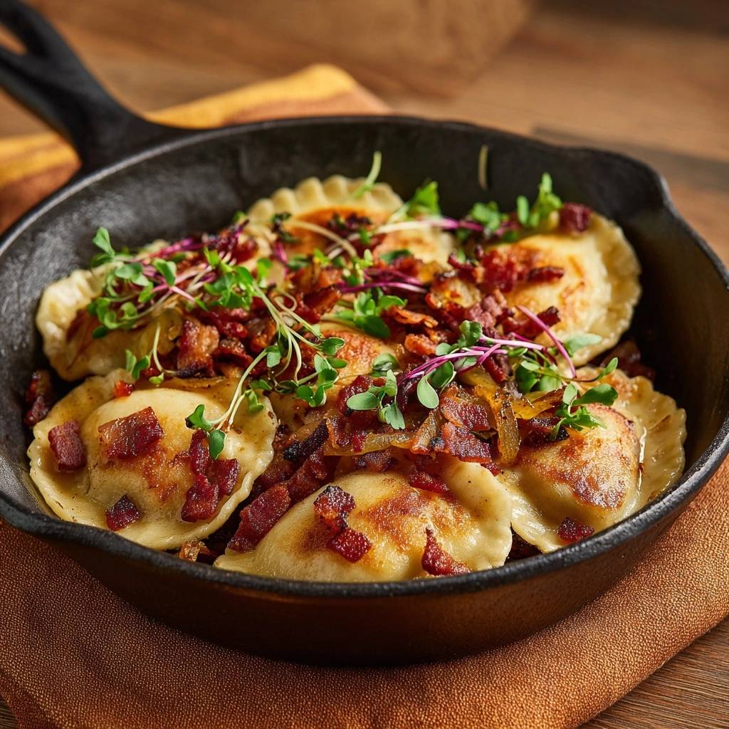 Knusprige Pierogi mit geräucherten Pilzen und karamellisierten Zwiebeln, serviert in einer Gusseisenpfanne und garniert mit frischen Kräutern.
