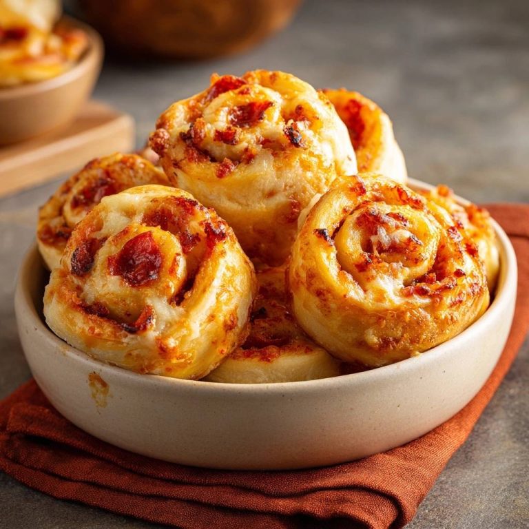 Knusprige Pizza-Schnecken mit saftiger Füllung in einer Schüssel, Nahaufnahme der gebackenen Teigrollen